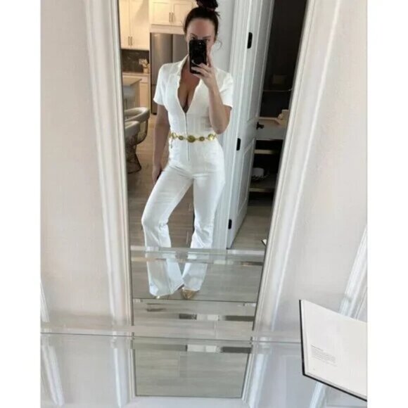 FREE PEOPLE Jayde Denim Flared Jumpsuit in Pure White Size Large - Picture 3 of 10